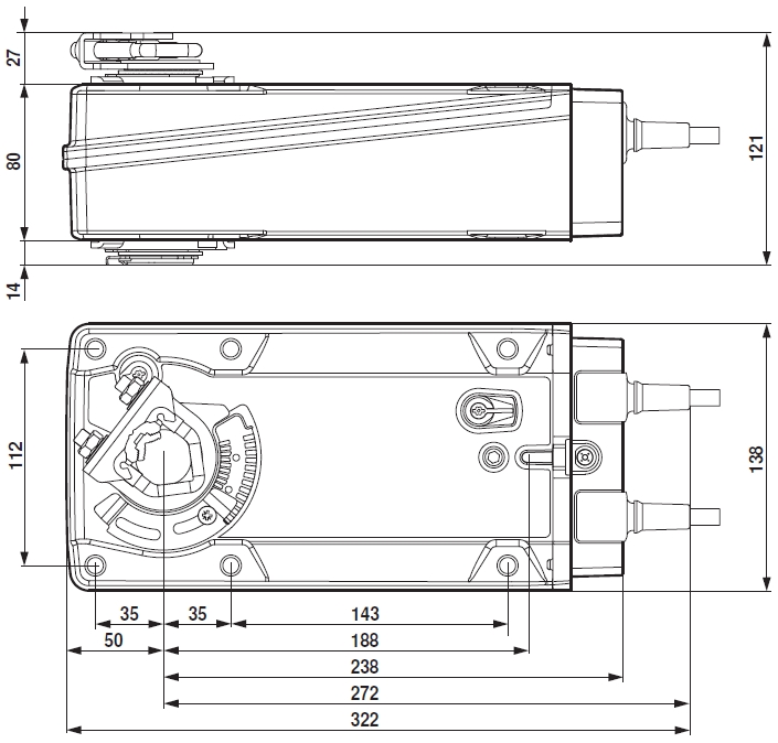 NF24A-SR Belimo zsalumozgató motor - geometriai méretek