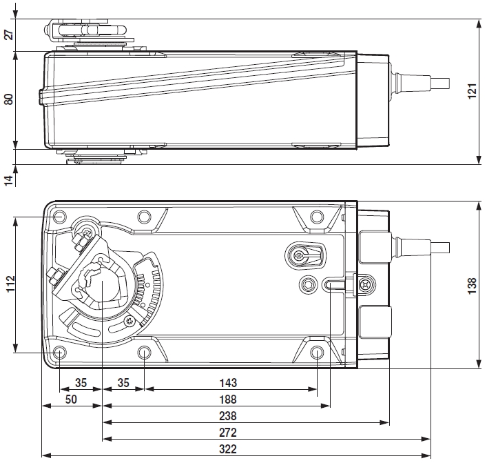 NF24A-SR Belimo zsalumozgató motor - geometriai méretek