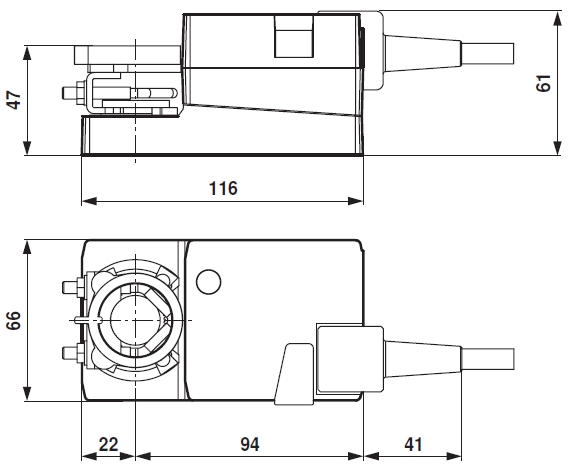 LM Belimo zsalumozgató motor - geometriai méretek