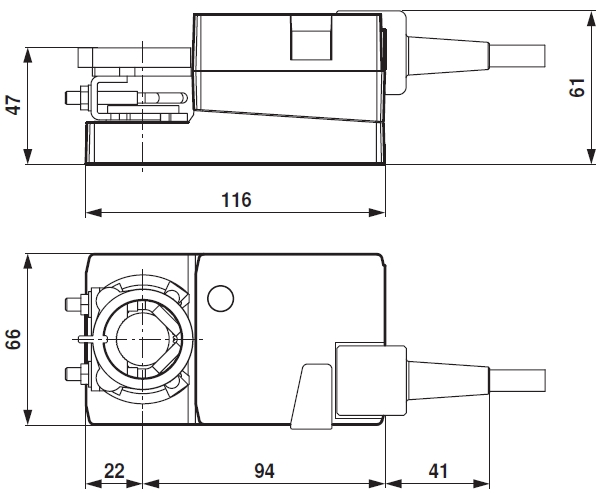 LM Belimo zsalumozgató motor - geometriai méretek