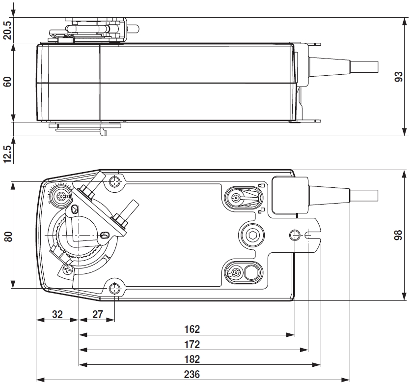 NF24A-SR Belimo zsalumozgató motor - geometriai méretek