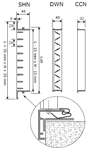 SHN egysoros acél fali rács - beépítési vázlat