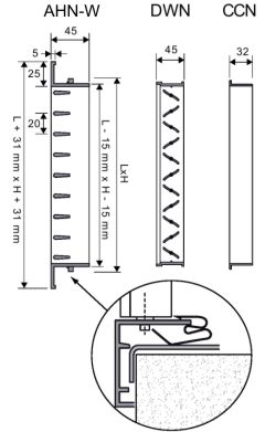 AHN-W egysoros alumínium fali rács - beépítési vázlat