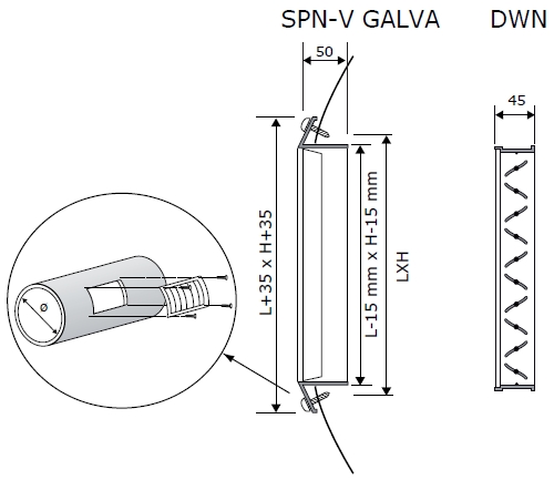 SPN-V egysoros acél rács - spiko légcsatornákhoz való  - beépítési vázlat