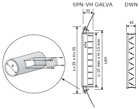 SPN-V egysoros acél rács - spiko légcsatornákhoz való  - beépítési vázlat